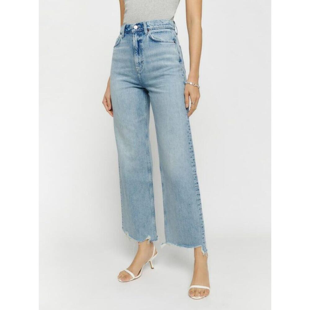 Reformation Wilder High Rise Wide Leg Cropped Jeans Raw Hem Rigid Denim Size 28 - Picture 3 of 14